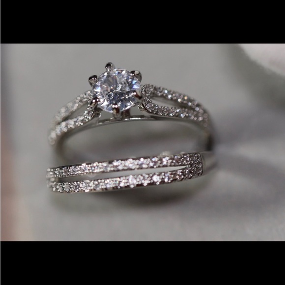 Wedding Engagement Elegant Silver Sparkle Pave Ring w Band Set Size 7 - Picture 7 of 11